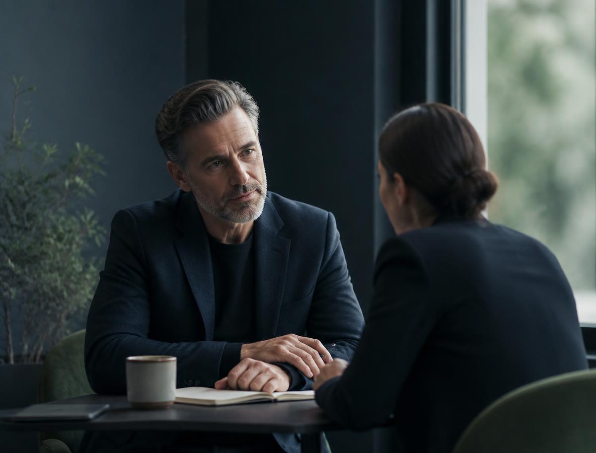 Two professionals in a quiet, confidential conversation