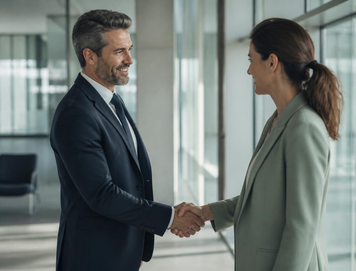 A handshake introduction in a bright modern office